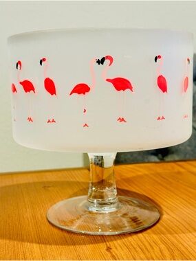 Vintage Frosted Glass Pink Flamingo Pedestal Trifle Bowl 8" Tropical Centerpiece